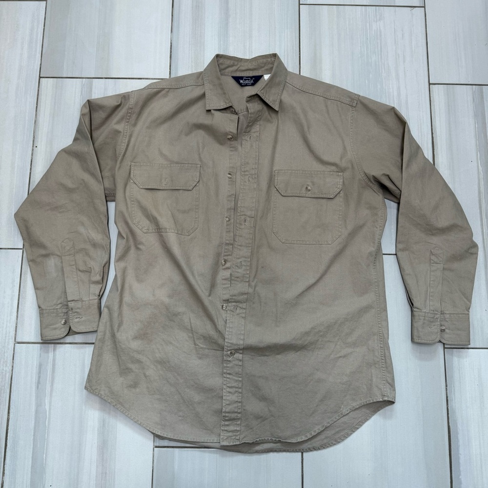 Woolrich Shirt Long Sleeve Button Down Brown Tan Sand Mens Size XL USA Vintage